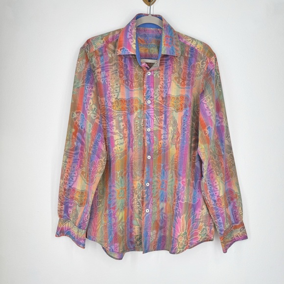 Bugatchi Multi Color Floral Leaves Long Sleeve Button Down Shirt Men’s Medium - Picture 1 of 12